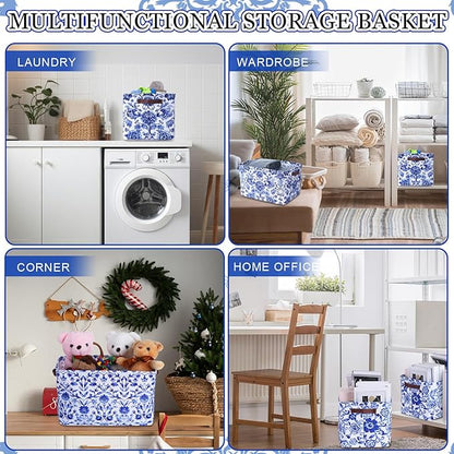 Geelin 3 Pack Blue and White Chinoiserie Storage Baskets, Large Foldable Decorative Storage Bins with Handles, Blue Floral Canvas Organizer Boxes for Closet Shelf Nursery Bedroom Home Organization