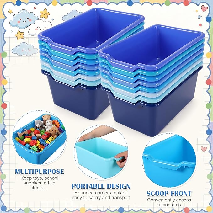 Dandat 16 Pcs Plastic Book Bins for Classroom Library Cubby Bins Scoop Front Stackable Toy Storage Tubs Containers for School Office Home Nursery Playroom Organization (Blue Series)