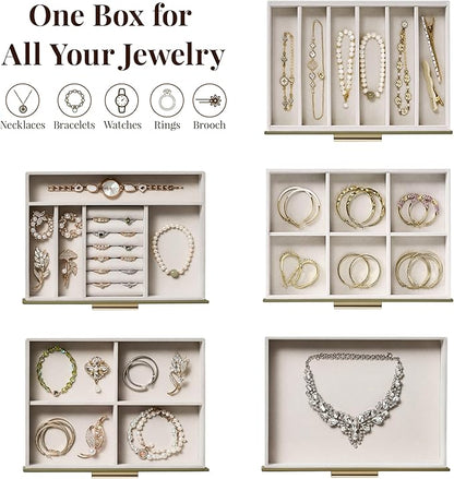 Jewelry Box Organizer Case for Women: 5-Layer Jewelry Storage Case with Glass Window, Olive Green Leather with Cream Velvet, Holder for Ring Necklace Bracelet Brooch Watch, Great Gift for Her