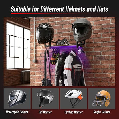 Vieshful Motorcycle Helmet Wall Mount Rack, Heavy Duty Helmet Holder with RGB Light Strip – Gear Display Shelf for Jackets, Gloves & Motorcycle Accessories Organizer, Garage & Entryway