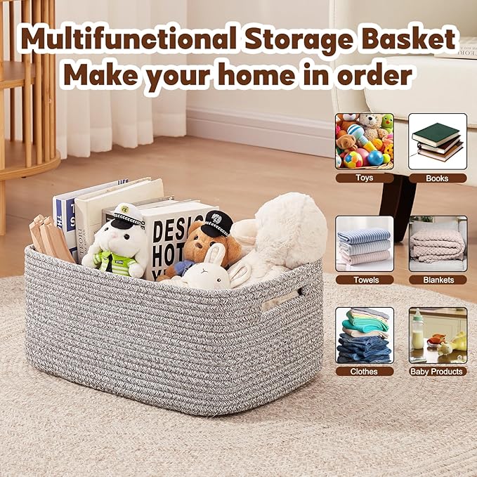 OIAHOMY Storage Basket for Shelves, Closet Cube Storage Bins Baskets for Clothes Blanket Towels, Baby Nursery, Toy Baskets Box, Woven Rope Basket, 15.75 * 11.81 * 7.09 IN, 2 Packs Grey