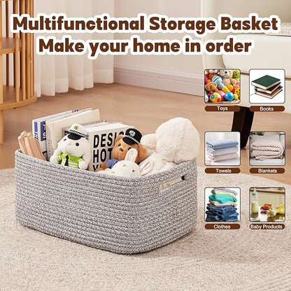 OIAHOMY Storage Basket for Shelves, Closet Cube Storage Bins Baskets for Clothes Blanket Towels, Baby Nursery, Toy Baskets Box, Woven Rope Basket, 15.75 * 11.81 * 7.09 IN, 2 Packs Grey