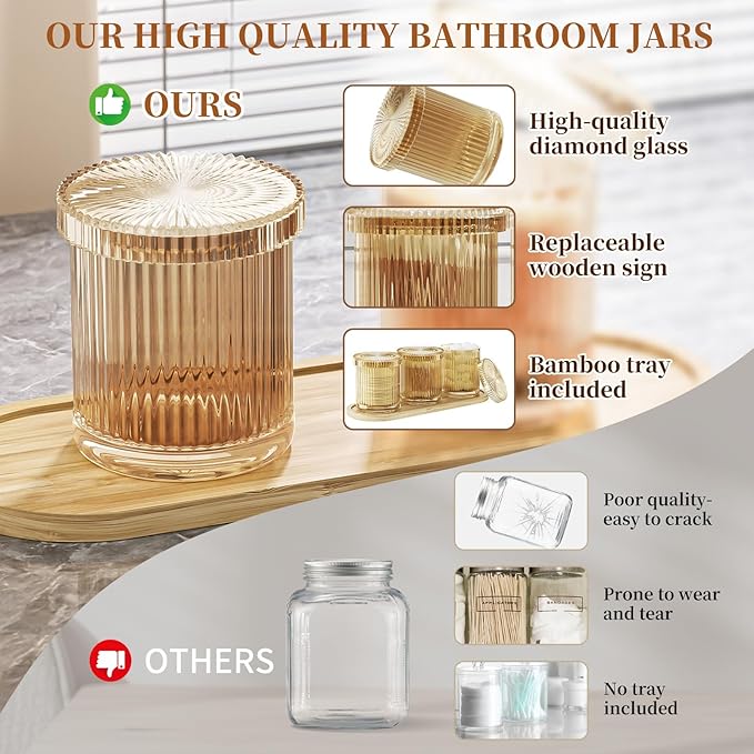 BSSN Glass Cotton Swab Holder Set of 3 with Bamboo Tray, Qtip Holder Dispenser for Bathroom Vanity, Amber Apothecary Jars with Lids for Cotton Balls, Swabs and Makeup Pads
