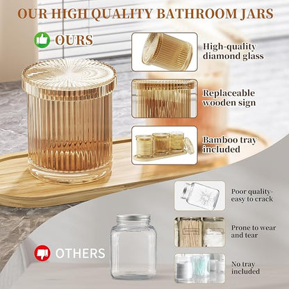 BSSN Glass Cotton Swab Holder Set of 3 with Bamboo Tray, Qtip Holder Dispenser for Bathroom Vanity, Amber Apothecary Jars with Lids for Cotton Balls, Swabs and Makeup Pads