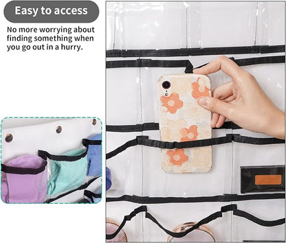 Closet Hanging Organizer, Dual Sided Hanging Wardrobe Storage Bags, 42 Clear Pockets Storage Hanger for Jewelry Socks Underwear (White)