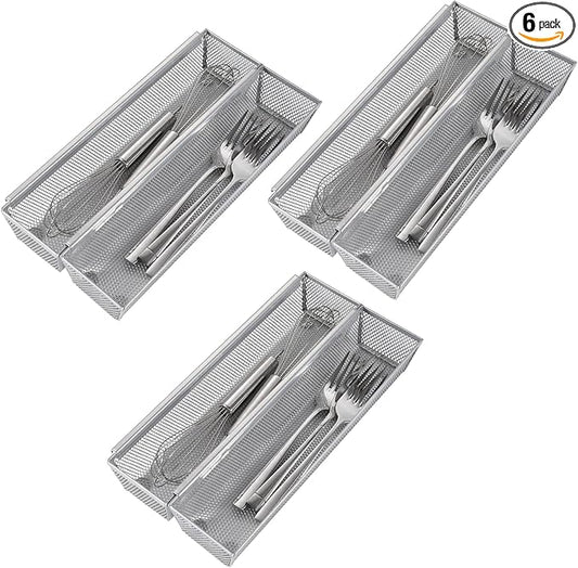 Drawer Organizer for Kitchen, Silverware Organizer Cutlery Tray Utensil holder with Interlocking Mesh Metal Flatware Storage Silver (6 pcs)