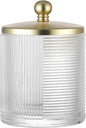 Clear Transparent Apothecary Ribbed Geometric Etched Glass Jar W/Gold Lid Cover for Bathroom Organization, Cotton Balls, Q Tips, and Small Accessories, Bathroom Storage