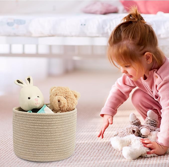 XUANGUO Woven Cotton Storage Baskets - 3-Pack Round Bins (10x10x7'') for Shelves, Closets & Bookcases | Durable Rope Organizers for Nursery, Baby, Toys, Easter & More (Oatmeal)