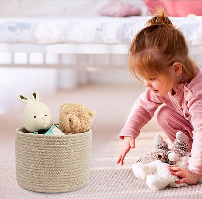 XUANGUO Woven Cotton Storage Baskets - 3-Pack Round Bins (10x10x7'') for Shelves, Closets & Bookcases | Durable Rope Organizers for Nursery, Baby, Toys, Easter & More (Oatmeal)