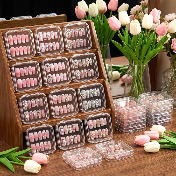 48 Pack Press On Nail Storage Box Clear Acrylic Nail Organizer Display Case with 180 Adhesive Double Sided Tape for Fake Nails, Nails Packaging Supplies