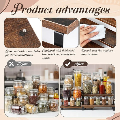 2PCS 3-Tier Spice Rack, 13.8 Inch Wooden Spice Rack for Countertop, Kitchen Countertop Shelf Organizer Spices Shelfs Wooden Display Riser Stand Kitchen Counter Shelf for Spices Bottles, Seasonings