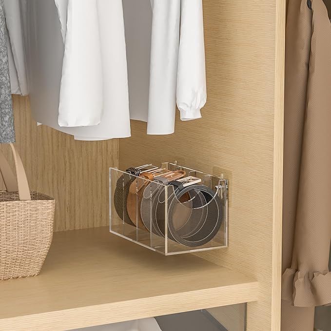 Sezanrpt 4 Compartments Acrylic Belt Organizer, Clear Belt Storage Organizer for Closet, Wall Mount Belt Holder