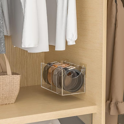 Sezanrpt 4 Compartments Acrylic Belt Organizer, Clear Belt Storage Organizer for Closet, Wall Mount Belt Holder