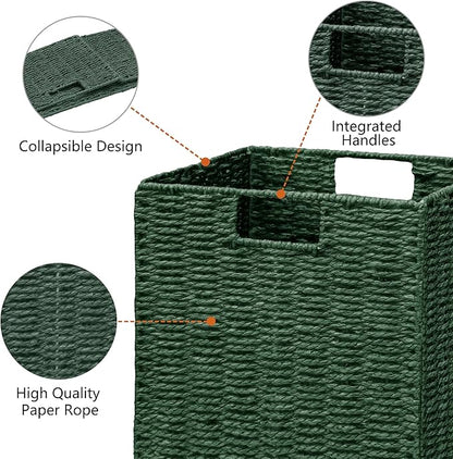 Vagusicc Wicker Storage Basket, Set of 2 Hand-Woven Paper Rope Wicker Baskets, Foldable Cube Storage Bins, Square Storage Baskets for Organizing Shelves & Decor, Green (11″×11″×11″)