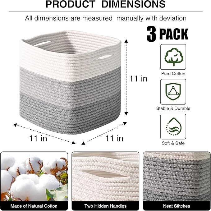 11 Inch Cube Storage Bins, 11x11 Cube Storage Bins for Cube Organizer, Square Cloth Storage Cubes, Woven Storage Baskets for Shelves, Toy Rope Baskets Storage Kids, Gradient Grey (Pack of 3)