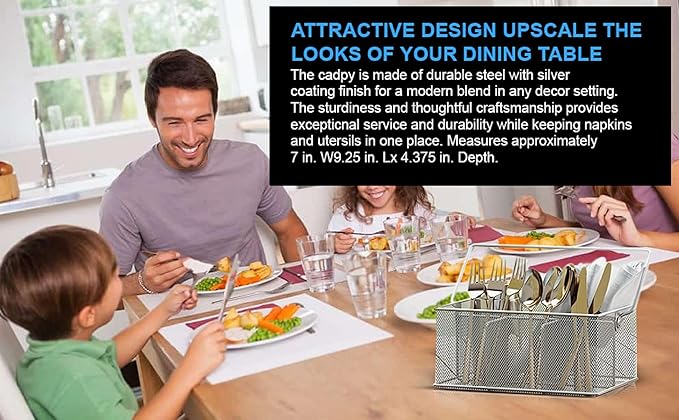 YBM HOME Mesh Silver Condiment Caddy/Kitchen Supply, Utensil, Silverware Organizer Cutlery Holder Flatware Storage Napkin Holder (Silver, 2)