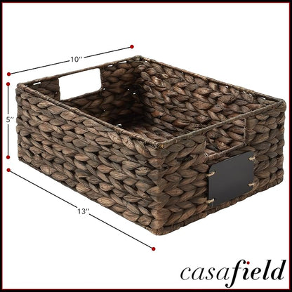 Casafield Set of 4 Water Hyacinth Pantry Baskets, 10" x 13" x 5", with Chalkboard Labels and Chalk Marker - Espresso, Woven Storage Bin Organizers for Kitchen Shelves