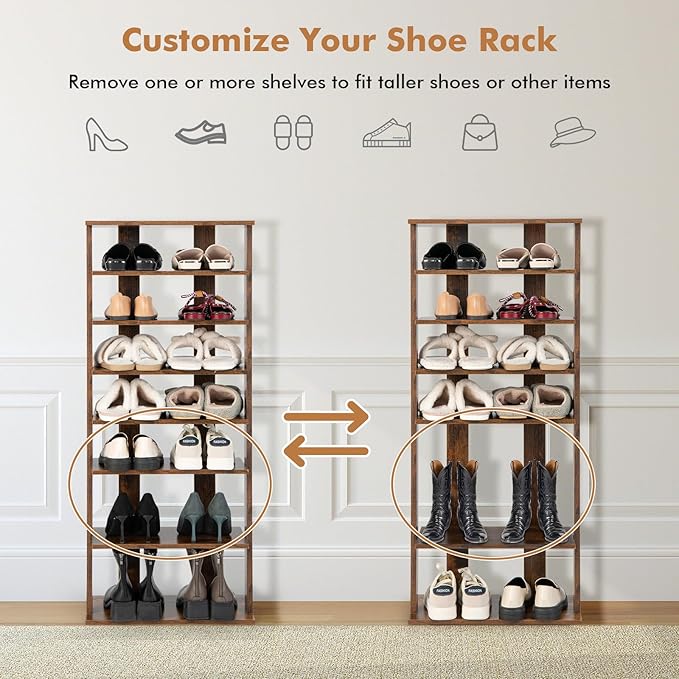 BETTARY 8 Tier Vertical Shoe Rack, Narrow Wooden Corner Shoe Organizer for Small Spaces, Removable Shelves, Anti-toppling Device, Shoe Tower for Entryway, Closet, Bedroom (Rustic Brown, Double Row)