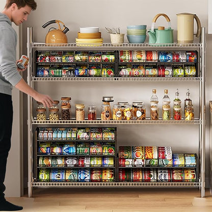2-Pack Stackable Can Organizer for Pantry Shelf, Adjustable Extra-Long Rolling Can Rack for Kitchen Cupboard Storage, Sturdy Standing Can Holder for Canned Food Goods Soda up to 128, 2 Tier, Black