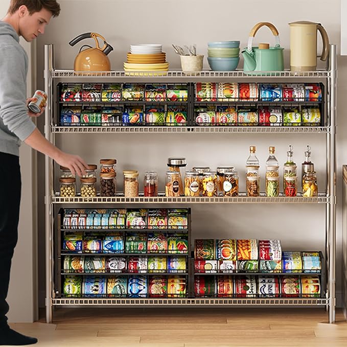 3 Tier Stackable Can Rack Organizer for Pantry Shelf, Adjustable Extra-Long Can Holder for Kitchen Storage, Sturdy Standing Rolling Can Dispenser for Canned Food Goods Drink Soup up to 96, Black
