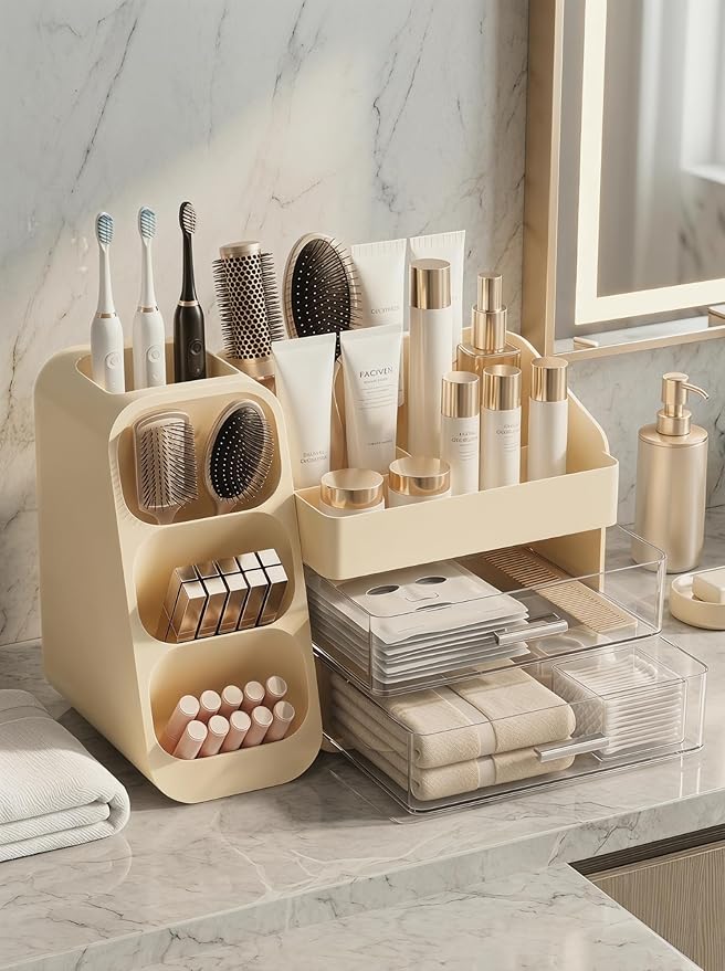 Booklov Makeup Organizer for Vanity, Large Capacity Cosmetic Display Case with Clear Acrylic Drawer, Countertop Beauty Storage Holder for Skincare, Brush Eyeshadow Lipstick Counter Desk, Crystal Cream