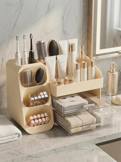 Booklov Makeup Organizer for Vanity, Large Capacity Cosmetic Display Case with Clear Acrylic Drawer, Countertop Beauty Storage Holder for Skincare, Brush Eyeshadow Lipstick Counter Desk, Crystal Cream