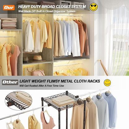 iSunirm 8FT Closet System with Shelves, 96'' Closet Organizer System with 3 Hanging Rods, Wall Mount Bedroom Wardrobe Walk-in Closet, Adjustable Cloth Garment Rack from 5 to 8FT(Cut to Fit), White Oak