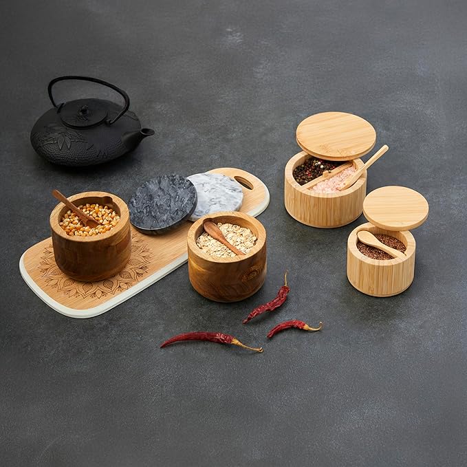 Bamboo Salt Cellar with Lid & Spoon – 6oz Magnetic Swivel Top Spice Container – Airtight Kitchen Storage for Salt, Spices – Stylish Bamboo Design with Easy Seal Magnetic Lid