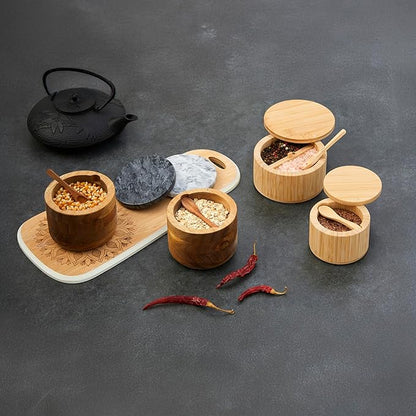 Bamboo Salt Cellar with Lid & Spoon – 6oz Magnetic Swivel Top Spice Container – Airtight Kitchen Storage for Salt, Spices – Stylish Bamboo Design with Easy Seal Magnetic Lid