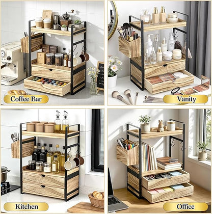 2-Tier Bathroom Counter Organizer with 2 Drawers, Basket and Hooks, Wood Bathroom Organizers and Storage for Countertop, Farmhouse Bathroom Countertop Organizer for Vanity, Kitchen, Coffee Bar, Office