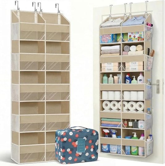 Dual Column Over the Door Organizer with Toiletry Bag - 5 Self Hanging Organizer with 10 Compartments - Heavy Duty Behind the Door Storage for Bedroom, Bathroom, Pantry, Nursery (Grey)