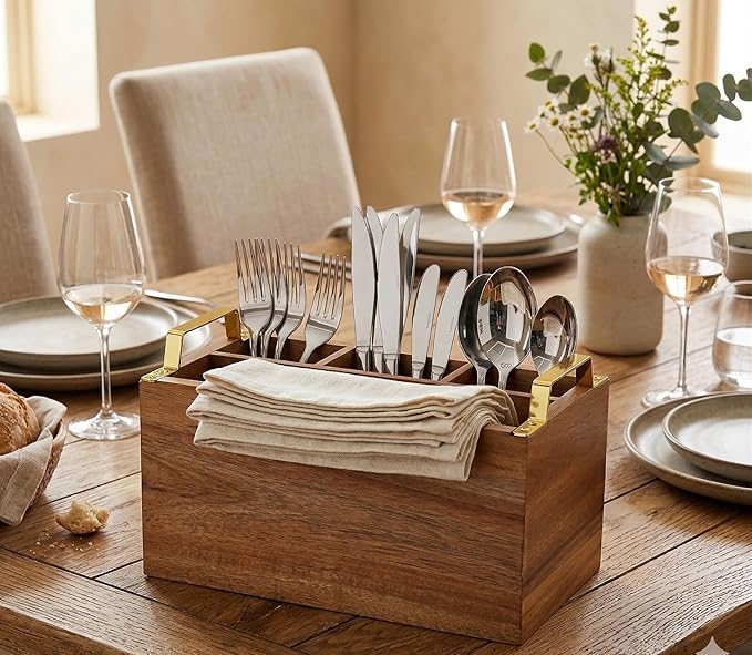 Acacia Wood Flatware Caddy - 4 Compartment Silverware Utensil Holder with Golden Metal Handles - 10" W x 6" D x 6.5" H, 2 lbs