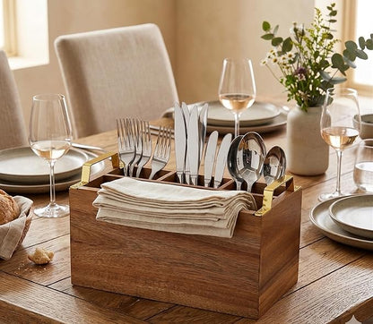 Acacia Wood Flatware Caddy - 4 Compartment Silverware Utensil Holder with Golden Metal Handles - 10" W x 6" D x 6.5" H, 2 lbs