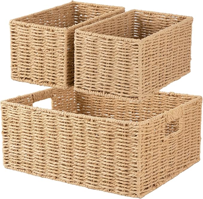 OIAHOMY Wicker Baskets for Organizing, Large and Small Shelf Baskets Set, Handwoven Bins for Storage,Paper Rope Home Organizers, Set of 3-Yellow