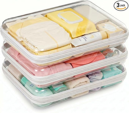 3 Pack Large White Clear Hard Shell Zipper Case, Clear Storage Organizer Bins with Zipper, Water-Resistant Travel Toiletry Bag for Toys, Cables, Crafts, Makeup, Christmas Storage Bins