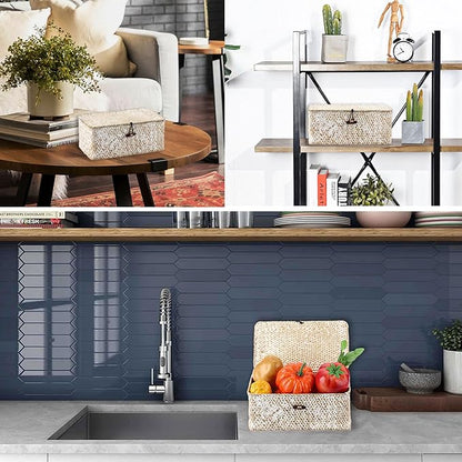 Hipiwe Wicker Shelf Baskets with Lid, Woven Seagrass Storage Basket Bin Rectangular Household Basket Boxes for Shelf Home Organizer and Decor, Whitewash X-Small