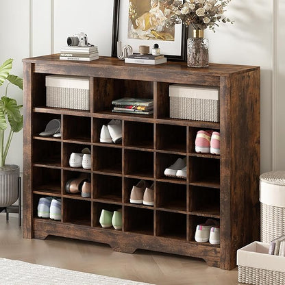 JIVOIT Modern Square Shoe Cabinet with Curved Base, Sleek Design 24 Shoe Cubby Console, Versatile Sideboard for Hallway, Bedroom, Living Room (Rustic Brown,Curved Base)