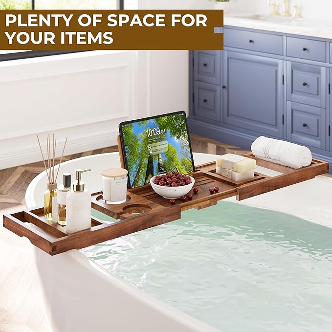 Venusmiles Teak Bathtub Tray Caddy, Foldable Bath Tray with Expandable Handles, Wine Glass and Phone Holders, Book Stand, for Home Spa Relaxation, Luxury Bathroom Accessories - Light Walnut Color
