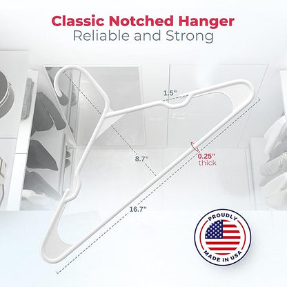 Plastic Hangers 50 Pack (60 Count) – Made in The USA – 6lb Capacity Standard Clothes Hangers with Notches and Reinforced Edges for Dresses, Lingerie, Shirts, Pants, and Jackets – Black