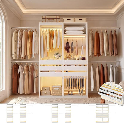 120'' Closet System Set with 6 Hanging Rods & LED Lights, 5.7-10.4FT Closet Organizer System with 6 Wood Drawers & 2 LED Glasstop, Walk-in Closet Organizer Wardrobe Clothes Rack, Garment Rack, White