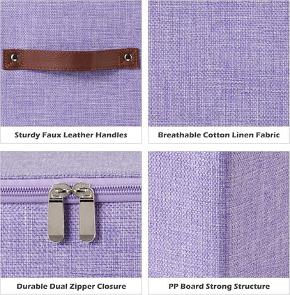 4PCS Storage Cubes with Lid Fabric Storage Bins Boxes PU Leather Handles Cotton Linen Closet Organizer Container Decorative Foldable Washable Shelf Cloth Basket (Zipper Lid, Purple, 11in)