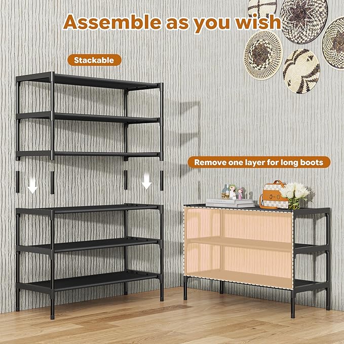 Simple Trending Shoe Rack, 3-Tier Shoe Organizer, Non-Woven Shoe Shelf Storage for Closet, Entryway, Bedroom, 27.5" Wide, Black