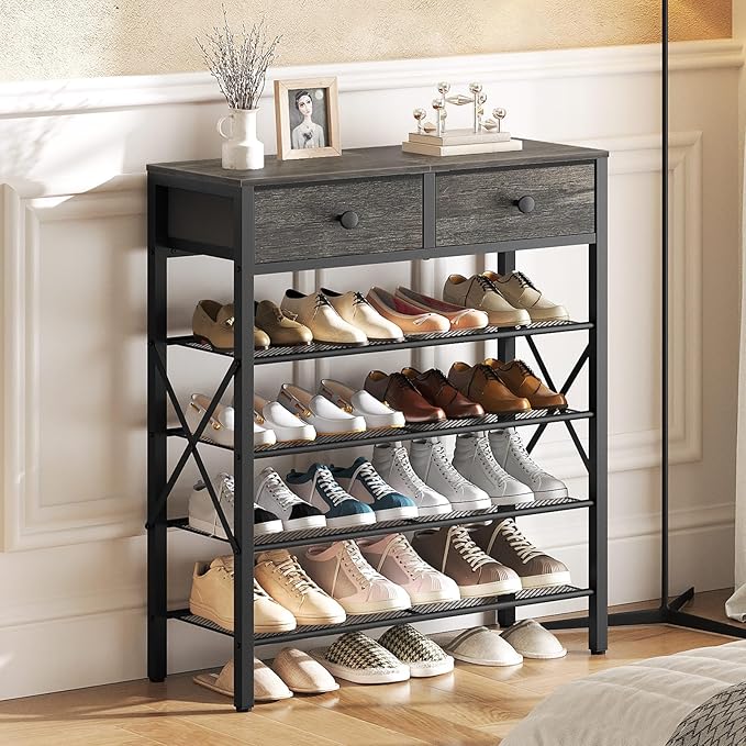 YATINEY 5 Tier Shoe Rack, Large Capacity Shoe Storage Organizer, Metal Shoe Shelf with Drawer and Wooden Top, for 20 Pairs of Shoes, for Entryway, Closet, Charcoal and Black SS25BCY1