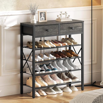 YATINEY 5 Tier Shoe Rack, Large Capacity Shoe Storage Organizer, Metal Shoe Shelf with Drawer and Wooden Top, for 20 Pairs of Shoes, for Entryway, Closet, Charcoal and Black SS25BCY1