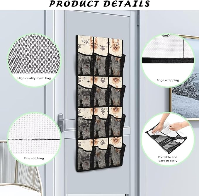 Dog Paws Behind Door Shoes Hang Holder Rack,Shoe Organizer Door Hanger with 12 Mesh Large Pockets,Space Saver,Unique Print