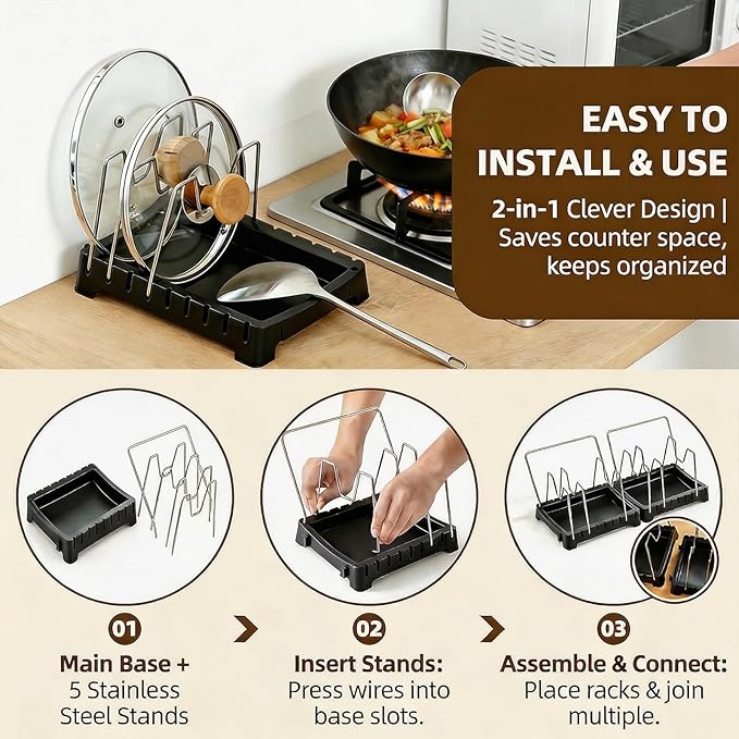 Adjustable Pot Lid Holder with Drip Tray, 2 in 1 Pot Lid Organizer & Spoon Rest, Stainless Steel Lid Holder for Countertop & Cabinet While Cooking, Space Saving Kitchen Pot Cover Rack, Easy Clean