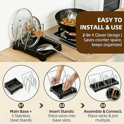 Adjustable Pot Lid Holder with Drip Tray, 2 in 1 Pot Lid Organizer & Spoon Rest, Stainless Steel Lid Holder for Countertop & Cabinet While Cooking, Space Saving Kitchen Pot Cover Rack, Easy Clean