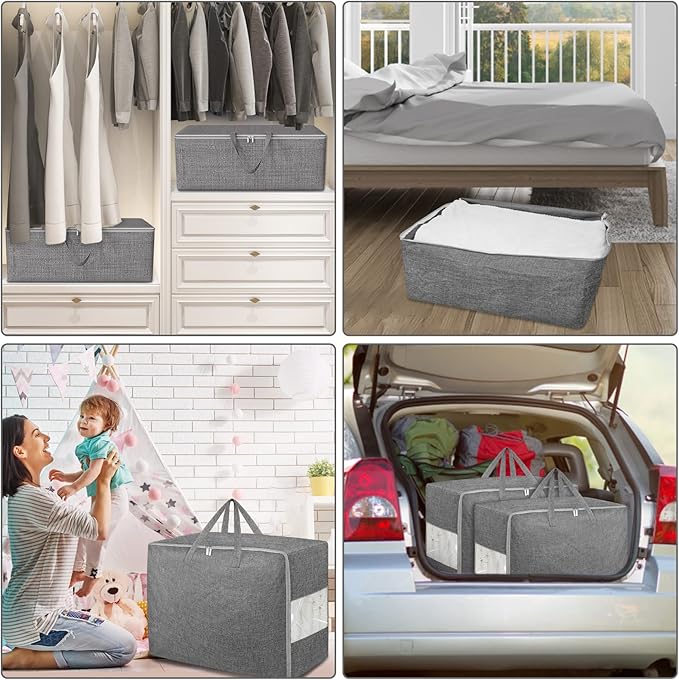 105L Extra Large Storage Bags, Folding Moving Comforter Blanket Storage Bags Closet Organizers and Storage Containers for Clothes with Strong Handles&Zippers Clear Window for Bedding Pillow Grey 8Pack