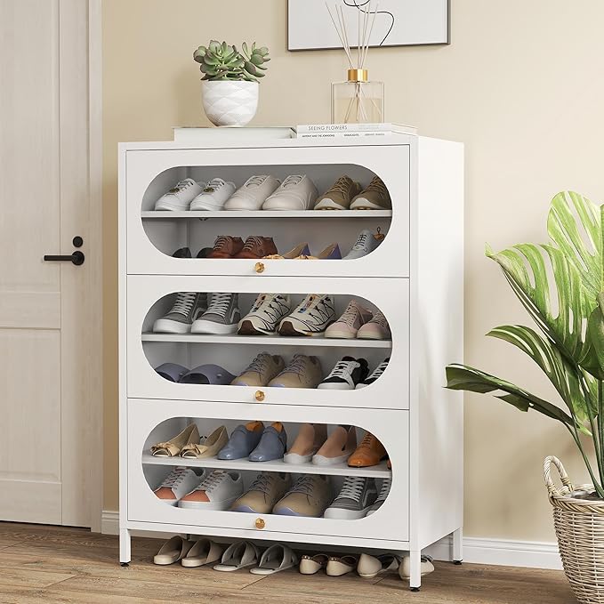 Foreate 6-Tier Entryway Shoe Storage Cabinet with 3 Flip-Up Glass Doors & Removable Shelf, 42” Metal Cabinet Shoe Rack Organizer for 18-24 Pair Shoes, Tall Freestanding Modern Shoe Cabinet-Glass Door