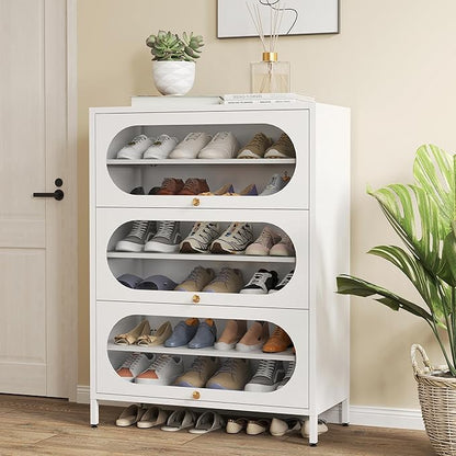 Foreate 6-Tier Entryway Shoe Storage Cabinet with 3 Flip-Up Glass Doors & Removable Shelf, 42” Metal Cabinet Shoe Rack Organizer for 18-24 Pair Shoes, Tall Freestanding Modern Shoe Cabinet-Glass Door